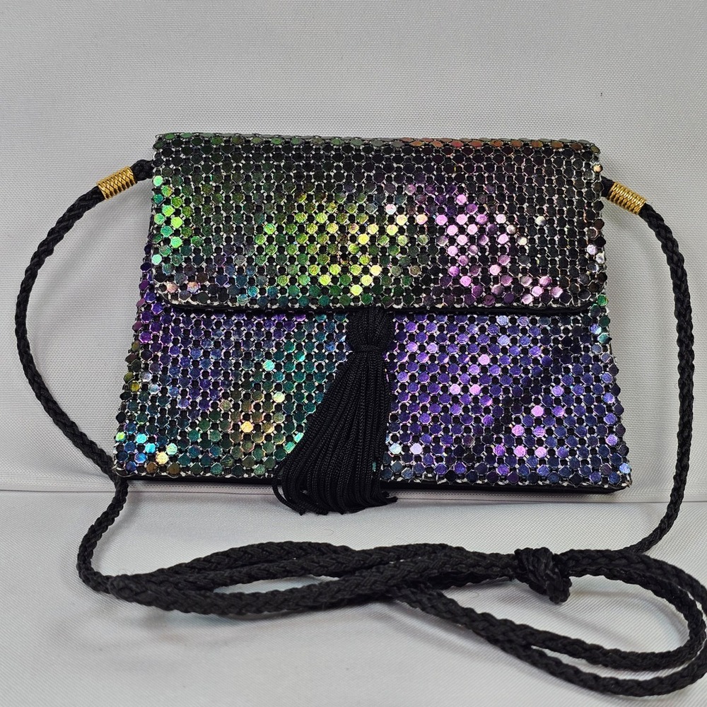 Apri Nights Iridescent Metal Mesh Crossbody Bag‎ Oil Slick Tassel Evening Clutch